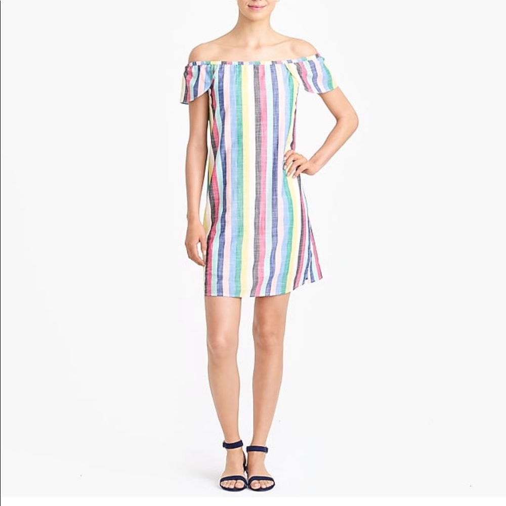J Crew Factory rainbow stripe off shoulder dress